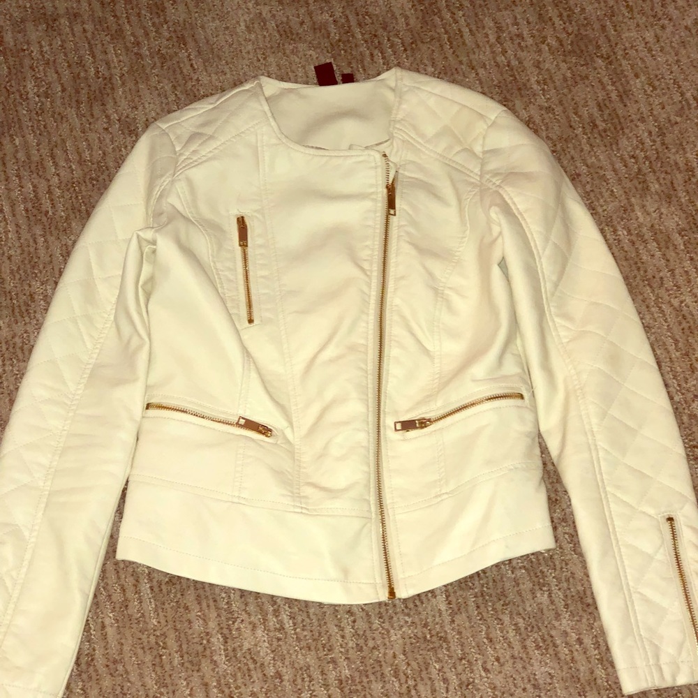 Windsor White Leather Jacket with Gold Zippers